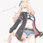  1girl animal_ears bandeau black_coat blonde_hair breasts closed_mouth coat cowboy_shot cutoffs denim denim_shorts gold_city_(umamusume) holding_own_tail horse_ears horse_girl horse_tail inutose jitome long_hair long_sleeves looking_down midriff navel open_clothes open_coat short_shorts shorts small_breasts solo standing tail thigh_strap umamusume 