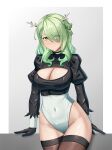  1girl 2b_(nier:automata) 2b_(nier:automata)_(cosplay) absurdres antlers azurecruiser black_gloves breasts ceres_fauna cleavage cleavage_cutout closed_mouth clothing_cutout cosplay covered_navel gloves green_hair groin hair_over_one_eye highleg highleg_leotard highres hololive hololive_english juliet_sleeves large_breasts leotard long_hair long_sleeves mole mole_under_eye puffy_sleeves smile solo thighhighs thighs virtual_youtuber yellow_eyes 