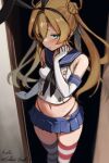  1girl abukuma_(kancolle) artist_name black_hairband black_neckerchief black_panties blonde_hair blue_eyes blue_sailor_collar blue_skirt commentary_request cosplay crop_top double_bun eckert&amp;eich elbow_gloves feet_out_of_frame gloves hair_bun hair_rings hairband highleg highleg_panties highres kantai_collection long_hair looking_at_viewer microskirt neckerchief one-hour_drawing_challenge panties sailor_collar shimakaze_(kancolle) shimakaze_(kancolle)_(cosplay) shirt skirt sleeveless sleeveless_shirt solo standing striped striped_thighhighs thighhighs twitter_username underwear white_gloves 