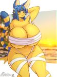  :&lt; absurd_res animal_crossing ankha_(animal_crossing) anthro bandage bandaged_chest beach big_breasts blue_eyes blue_hair blurred_background blush breasts bulging_breasts domestic_cat felid feline felis female fur glistening glistening_body hair hi_res huge_breasts looking_at_viewer mammal markings mostly_nude navel nintendo palm_tree plant raised_tail ring_(marking) ringtail saasmimz sea seaside skindentation solo sunset tail tail_markings thick_thighs tree water wide_hips yellow_body yellow_fur 