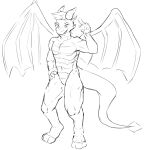  anthro belly_scales bent_legs biceps bulge clothing digital_media_(artwork) digitigrade dragon gesture hair hands_on_hips hi_res horn legs legwear male male/male model_sheet muscular navel obliques pockyco pose scales sketch smile solo tail thigh_highs unfinished v_sign wings 
