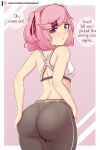  1girl absurdres alternate_costume ass bare_arms bare_shoulders breasts commentary cowboy_shot doki_doki_literature_club english_commentary english_text from_behind hair_ornament hair_ribbon hairclip hand_on_own_ass highres looking_at_viewer looking_back medium_hair midriff natsuki_(doki_doki_literature_club) patreon_username pink_background pink_hair purple_eyes raion_(raionart) red_ribbon ribbon simple_background small_breasts solo swept_bangs two_side_up 