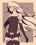  1girl bare_shoulders breasts collarbone elbow_gloves gloves grey_eyes joints long_hair looking_to_the_side medium_breasts mole mole_under_mouth monochrome moshimoshibe nier:automata nier_(series) robot_joints short_shorts shorts solo thighhighs torn_clothes torn_gloves white_hair yorha_type_a_no._2 