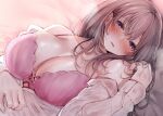 1girl amane_ruri blush bra breasts brown_hair cleavage commentary_request dress_shirt hair_between_eyes large_breasts long_hair looking_at_viewer original parted_lips pink_bra purple_eyes shirt solo sweat underwear upper_body wet wet_clothes wet_shirt white_shirt 