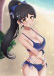  1girl beach bikini black_hair bow bracelet breasts cleavage collarbone commentary_request day hair_bow hazuki_ren high_ponytail jewelry large_breasts long_hair looking_at_viewer love_live! love_live!_superstar!! navel ocean open_mouth outdoors purple_bikini sand satolive20 solo standing stomach swimsuit yellow_eyes 