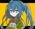  1girl blue_eyes blue_hair brown_gloves closed_mouth facial_mark gloves green_jacket hands_on_own_cheeks hands_on_own_face hatsune_miku headphones highres icon_315 jacket long_hair long_sleeves matryoshka_(vocaloid) multicolored_eyes pale_skin simple_background solo track_jacket twintails two-tone_background upper_body vocaloid yellow_eyes 