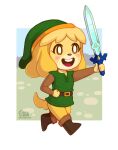  2016 animal_crossing anthro blonde_hair blush canid canine clothing cosplay crossover crossover_cosplay daisyein female floppy_ears footwear hair hat headgear headwear holding_object holding_sword holding_weapon isabelle_(animal_crossing) link mammal master_sword melee_weapon nintendo open_mouth open_smile signature simple_background smile solo sword text the_legend_of_zelda url weapon 