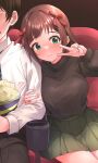  1boy 1girl absurdres amami_haruka arm_hug b1ack_illust black_shirt blush brown_hair food green_eyes green_skirt hair_ribbon hetero highres idolmaster idolmaster_(classic) idolmaster_million_live! looking_at_viewer movie_theater pleated_skirt popcorn producer_(idolmaster) ribbon shirt sitting skirt smile theater_seating v 