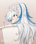  1boy 1girl ahoge bathing blue_eyes blue_hair blush brown_background completely_nude eyelashes furina_(genshin_impact) genshin_impact grey_hair hetero long_hair multicolored_hair neuvillette_(genshin_impact) nude simple_background translation_request twitter_username very_long_hair white_hair yama_1k 