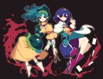  2girls 4qw5 ankleband apron aqua_hair aqua_ribbon arm_ribbon arm_up barefoot belt black_background black_eyes blue_hair boots breasts cape dress floating floating_hair frilled_apron frills full_body green_apron green_headwear haniyasushin_keiki head_scarf highres jewelry knees_up long_hair looking_at_viewer magatama magatama_necklace medium_breasts medium_hair multicolored_clothes multicolored_dress multicolored_hairband multiple_girls necklace outline patchwork_clothes pixel_art pointing pointing_down pointing_up purple_footwear rainbow_order ribbon simple_background tenkyuu_chimata tools touhou turtleneck_dress white_cape white_outline yellow_dress 