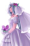  1girl blue_eyes bouquet braid breasts bridal_veil bride closed_mouth dress flower gloves grey_hair holding holding_bouquet lenneth_valkyrie long_hair low-braided_long_hair macchi_theo rose simple_background solo strapless strapless_dress valkyrie_profile_(series) veil very_long_hair wedding_dress white_background white_dress white_gloves 