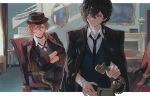  2boys bandaged_arm bandages black_gloves black_shirt blue_eyes border brown_coat brown_eyes brown_hair bungou_stray_dogs candle coat coat_on_shoulders dazai_osamu_(bungou_stray_dogs) fireplace gauze gauze_on_face gloves katana lamp long_sleeves mirror multiple_boys nakahara_chuuya niluhong orange_hair outside_border painting_(object) parted_lips picture_frame shirt sword weapon white_border 