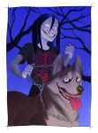  absurd_res black_hair breadbitch420 canid canine canis clothed clothing creepypasta domestic_dog duo feral grin hair hi_res human husky jeff_the_killer looking_at_viewer male mammal nordic_sled_dog siberian_husky simple_background smile smile.dog spitz teeth 