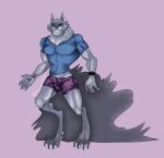  5_fingers abs animal_humanoid anthro biceps blue_clothing blue_shirt blue_topwear bottomwear bulge butt canid canine canis clothed clothing digital_drawing_(artwork) digital_media_(artwork) feet feral fingers fur grey_body grey_fur hi_res humanoid looking_at_viewer male mammal muscular muscular_anthro muscular_male pants paws pecs selem997 shirt shorts simple_background smile solo solo_focus t-shirt tail teeth toes topwear underwear were werecanid werecanine werewolf wolf 