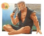  1boy abs bara barefoot beard brown_eyes facial_hair full_body grey_hair hair_slicked_back hand_fan holding holding_fan indoors japanese_clothes kimono male_focus muscular muscular_male old old_man original pectorals shuichi_(torieda) sitting solo thick_eyebrows torieda 