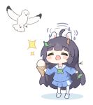  1girl ahoge animal_ears bird black_hair blue_archive blue_shirt blue_skirt blush_stickers chibi commentary food halo holding holding_food holding_ice_cream ice_cream leaf leaf_on_head long_hair long_sleeves miyu_(blue_archive) no_nose open_mouth pantyhose rabbit_ears sailor_collar seagull shirt skirt smile sparkle standing twig umihio very_long_hair white_footwear white_pantyhose white_sailor_collar 