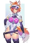  animal_ears blue_background breasts commission covered_navel cowboy_shot fox_ears fox_girl fox_tail gloves grey_leotard hand_on_own_hip highleg highleg_leotard highres kitsune leotard looking_at_viewer matsuda_(matsukichi) medium_breasts messy_hair orange_hair original pink_leotard pixiv_commission purple_sleeves purple_thighhighs see-through see-through_leotard short_hair skindentation tail thighhighs two-tone_background two-tone_leotard visor_cap white_background white_gloves yellow_eyes 