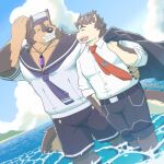  anthro brown_body brown_fur canid canine canis crystal dog_operator domestic_dog duo fur grin hi_res jewelry lifewonders live_a_hero male male/male mallards1305 mammal necklace necktie partially_submerged protagonist_(live_a_hero) pubraseer sailor_hat sailor_uniform sea smile water 