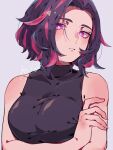  1girl bare_shoulders boku_no_hero_academia breasts collarbone grey_background highres k0to_04 lady_nagant large_breasts looking_at_viewer multicolored_hair pink_hair purple_eyes purple_hair serious short_hair signature simple_background solo tight_clothes two-tone_hair 