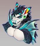  anthro black_hair black_teeth blue_eyes dragon facial_hair goatee grey_background hair hjeojeo horn hybrid lionfish male multicolored_ears pectoral_bulge rainbow_ears scales simple_background snarling solo vincent(huf13) 