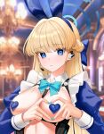  1girl absurdres aqua_nails blonde_hair blue_archive blue_bow blue_bowtie blue_eyes blurry blurry_background blush bow bowtie braid breasts chandelier closed_mouth frills hair_bow halo hear_(kpmf4732) heart heart_hands heart_pasties highres medium_breasts microphone pasties shrug_(clothing) solo toki_(blue_archive) toki_(bunny)_(blue_archive) upper_body wing_collar 