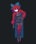  1girl 4qw5 akatsuki_records alternate_costume black_background black_bodysuit blue_bow blue_cape bodysuit bow cape closed_mouth commentary_request full_body hair_bow hand_on_hip looking_at_viewer medium_hair red_eyes red_hair sekibanki shrug_(clothing) simple_background solo touhou 