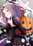  1girl alternate_costume black_dress dress frilled_dress frills halloween hatsuharu_(kancolle) hikimayu jack-o&#039;-lantern kantai_collection kimura_shiki long_hair ponytail pumpkin purple_eyes purple_hair short_eyebrows solo thick_eyebrows 