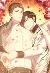  2boys absurdres afloat black_eyes black_hair brown_hair character_request coat collared_shirt copyright_request falling_petals floral_background flower highres holding holding_petal hug leaning_on_person multiple_boys nipples o_ssion pectorals petals pink_flower red_flower see-through see-through_shirt shirt upper_body wet wet_clothes white_coat yaoi 