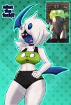  absol accessory anthro arkia_the_absol blue_body clothed clothing collar cosplay dialogue diamond_grenadier female fur generation_3_pokemon gir_(invader_zim) hair_accessory hairpin hi_res invader_zim nickelodeon nintendo one_eye_obstructed pokemon pokemon_(species) reference_image reference_photo skull_hair_accessory solo white_body white_fur 