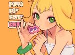  1girl 1other amitie_(puyopuyo) blonde_hair blush green_eyes highres holding looking_at_viewer no_headwear orange_background puyo_(puyopuyo) puyopuyo puyopuyo_fever short_hair urolo 