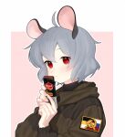  abbystea animal_ears candy chocolate chocolate_bar food grey_hair hammer_and_sickle holding holding_food imperial_russian_flag jacket mouse_ears nazrin patch red_eyes russian_flag touhou turtleneck 