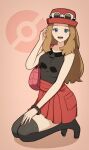  1girl :d bag blonde_hair blue_eyes bracelet collarbone collared_shirt commentary_request eyewear_on_headwear full_body hand_up handbag hat highres jewelry long_hair mega_ring mrwww no_shoes open_mouth pink_bag pokemon pokemon_(game) pokemon_xy red_skirt serena_(pokemon) shirt skirt sleeveless sleeveless_shirt smile solo sunglasses teeth thighhighs tongue upper_teeth_only white-framed_eyewear 