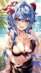  1girl ahoge artist_name beach blue_hair breasts cleavage flower frills ganyu_(genshin_impact) genshin_impact gold_trim hair_flower hair_ornament hand_on_own_chest highres horns kira_yukishiro large_breasts long_hair looking_at_viewer navel ocean open_mouth outdoors purple_eyes red_flower sidelocks smile solo standing swimsuit 