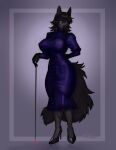  2021 anthro arctikah_(artist) big_breasts biped black_hair black_heels black_lips breasts bulge canid canine canis clothed clothing digital_media_(artwork) dress full-length_portrait fully_clothed genital_outline gherwinh_riel gynomorph hair hand_behind_back hi_res intersex jackal lips mammal nipple_outline portrait purple_clothing purple_dress purple_eyes sheath_outline smile solo tight_clothing year 