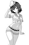  1girl :d bright_pupils collarbone commentary greyscale groin hat looking_at_viewer midriff monochrome murasa_minamitsu navel neckerchief onkn_sxkn open_mouth sailor sailor_hat short_hair short_shorts short_sleeves shorts simple_background smile solo touhou v 