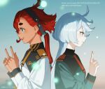 2girls ahoge album_cover asticassia_school_uniform back-to-back black_hairband blue_eyes cd_(source) copyright_name cover dark_skin english_text from_side gradient_background grey_eyes gundam gundam_suisei_no_majo hair_tubes hairband index_finger_raised long_hair long_sleeves low_ponytail miorine_rembran mogumo multiple_girls necktie official_art open_mouth profile red_hair red_necktie school_uniform short_eyebrows suletta_mercury thick_eyebrows upper_body white_hair yellow_necktie 