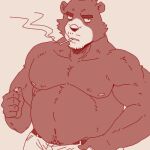  anthro bear belt bottomwear brown_body brown_fur cigarette cigarette_in_mouth clothing fur lighter looking_at_viewer low_res male mammal musclegut muscular muscular_anthro muscular_male navel nipples object_in_mouth pants pecs run_aki smoking solo stubble 