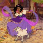  1girl animal artist_name black_hair dark-skinned_female dark_skin dress earrings esmeralda_(disney) goat green_eyes highres hoop_earrings jewelry long_hair looking_at_viewer outdoors purple_dress ravietta the_hunchback_of_notre_dame town very_dark_skin watermark web_address 