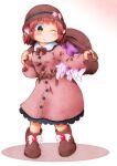  1girl alternate_costume animal_ears backpack bag bird_ears bird_wings blush boots brown_eyes brown_footwear brown_headwear buttons closed_mouth dress feathered_wings frilled_dress frills full_body hat highres long_sleeves matty_(zuwzi) mystia_lorelei one_eye_closed pink_dress pink_hair pink_wings short_hair simple_background solo touhou white_background wings 