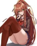 1girl b4_(yonten) blue_skirt blush bow breasts brown_hair brown_jacket closed_mouth crossed_legs doki_doki_literature_club green_eyes hair_bow hand_on_own_cheek hand_on_own_face high_ponytail highres jacket large_breasts long_hair long_sleeves looking_at_viewer miniskirt monika_(doki_doki_literature_club) neck_ribbon red_ribbon red_thighhighs ribbon sitting skirt smile solo thighhighs very_long_hair white_bow 