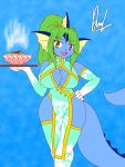  2022 3:4 absurd_res accessory amber_eyes anthro armwear asian_clothing big_breasts blue_body blue_skin breasts chinese_clothing chinese_dress cleavage_cutout clothing derthevaporeon dress east_asian_clothing eeveelution elbow_gloves female food footwear generation_1_pokemon gloves green_hair hair hair_accessory handwear heterochromia hi_res legwear nintendo noodles plate pokemon pokemon_(species) ponytail_(hair) purple_eyes ramen ramen_bowl smile smiling_at_viewer socks solo steam thigh_highs thigh_socks vaporeon wide_hips 