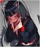  1girl black_hair black_sailor_collar black_serafuku black_skirt black_wings blood blood_on_face blue_archive blush breasts drawn_ears drawn_whiskers grey_background heart highres large_breasts long_hair long_sleeves looking_at_viewer neckerchief open_mouth red_eyes red_neckerchief sailor_collar saliva school_uniform serafuku sharp_teeth simple_background skirt solo sweat teeth tongue tongue_out torn_clothes trembling tsurugi_(blue_archive) undone_neckerchief very_long_hair waa153 wings 