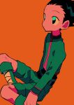  1boy belt black_belt black_eyes black_hair boots closed_mouth gon_freecss green_footwear green_shirt green_shorts highres hunter_x_hunter long_sleeves male_focus menma_(enaic31) no_nose orange_background shirt short_hair shorts simple_background solo spiked_hair 