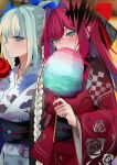  2girls absurdres baobhan_sith_(fate) blue_eyes bow breasts cotton_candy fate/grand_order fate_(series) grey_hair hair_bow highres japanese_clothes kimono large_breasts long_hair long_sleeves looking_at_viewer morgan_le_fay_(fate) multiple_girls obi pink_hair pointy_ears ponytail red_kimono san_(harutuki_3) sash sidelocks tiara very_long_hair white_kimono wide_sleeves 