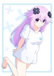  1girl adult_neptune bare_legs barefoot breasts closed_mouth collarbone commentary d-pad d-pad_hair_ornament dogoo feet hair_between_eyes hair_ornament highres light_blush long_hair looking_at_viewer medium_breasts neptune_(series) no_pants pink_hair purple_eyes shirt short_sleeves simple_background smile solo standing standing_on_one_leg t-shirt toes very_long_hair white_background white_shirt yashi_(hayashiki0404) 