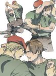  2boys bara belt beret blonde_hair brown_hair brown_pants closed_eyes green_shirt hat holding_another&#039;s_wrist holding_hands jack_krauser large_pectorals leon_s._kennedy looking_at_another male_focus multiple_boys muscular muscular_male pants pectorals resident_evil resident_evil_4 resident_evil_4_(remake) shirt short_hair simple_background tatsumi_(psmhbpiuczn) white_background yaoi 