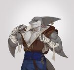  absurd_res anthro bandage bandaged_arm clothed clothing edvardiko fin fish gills hi_res kuyo looking_at_viewer male marine muscular muscular_male pecs piercing shark simple_background solo standing wrappings 