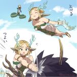  1boy 1girl armlet bare_shoulders blonde_hair bracelet chop demon_dragon_(zelda) dragon_tail dress flying horns hover_bike jewelry light_dragon_(zelda) link monbetsu_kuniharu official_alternate_costume pointy_ears smile spoilers tail the_legend_of_zelda the_legend_of_zelda:_tears_of_the_kingdom 