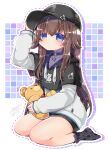  1girl ankimo_(tokino_sora) baseball_cap black_choker black_headwear black_hoodie blue_eyes blush bobby_socks brown_hair chibi choker commentary expressionless hair_flaps hand_on_headwear hand_on_own_head hat highres hololive hood hoodie lace lace_socks long_hair no_shoes nun_nun_(tokino_sora) o-ring o-ring_choker satsuki_atan_(artist) seiza short_shorts shorts sitting socks solo streetwear stuffed_animal stuffed_toy symbol-only_commentary teddy_bear tokino_sora tokino_sora_(6th_costume) two-tone_hoodie virtual_youtuber white_hoodie 