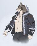  anthro bottomwear brown_body brown_fur brown_hair canid canine canis cigarette clothed clothing coyote echo_(series) echo_project fur hair hi_res jacket male mammal muscular muscular_male open_clothing open_jacket open_topwear pants pecs scar shadowpawrai simple_background solo standing the_smoke_room topwear william_adler yellow_eyes 